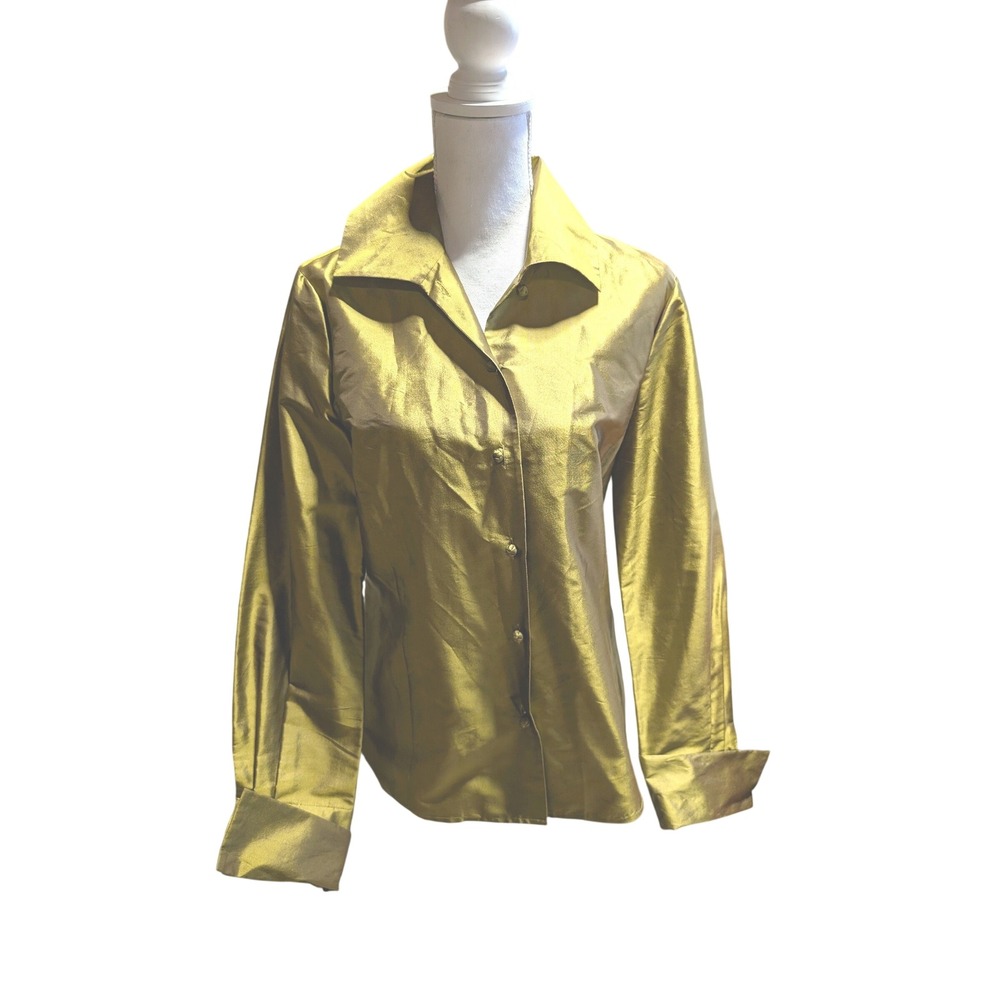 Linda Allard Ellen Tracy Button Down Shirt 100% Silk Gold French Cuffs Size 6